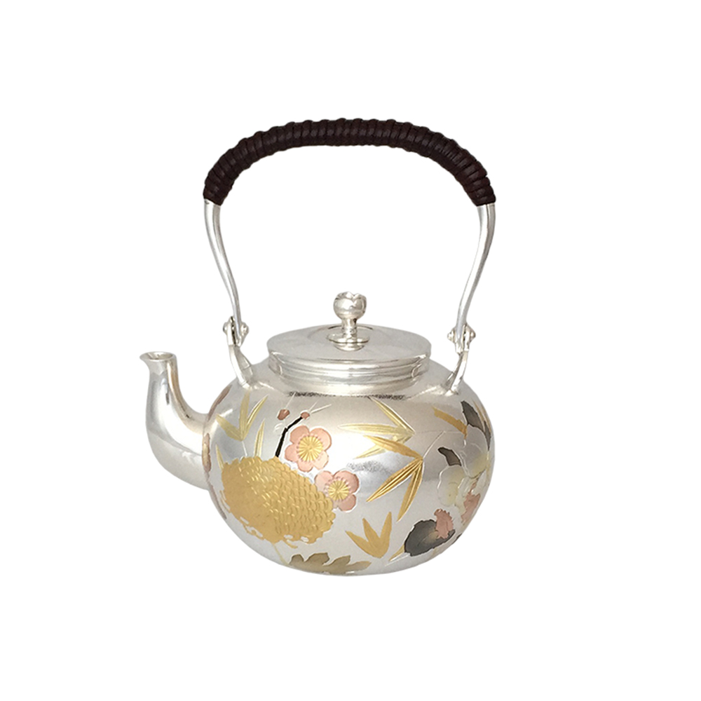 纯银 四君子 藤把提梁茶壶（3寸 圆型梅盖）